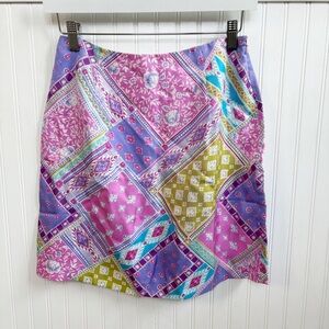 Boston Proper Pink & Purple Multi Pattern Patchwork 100% Silk Skirt Size 6 NEW